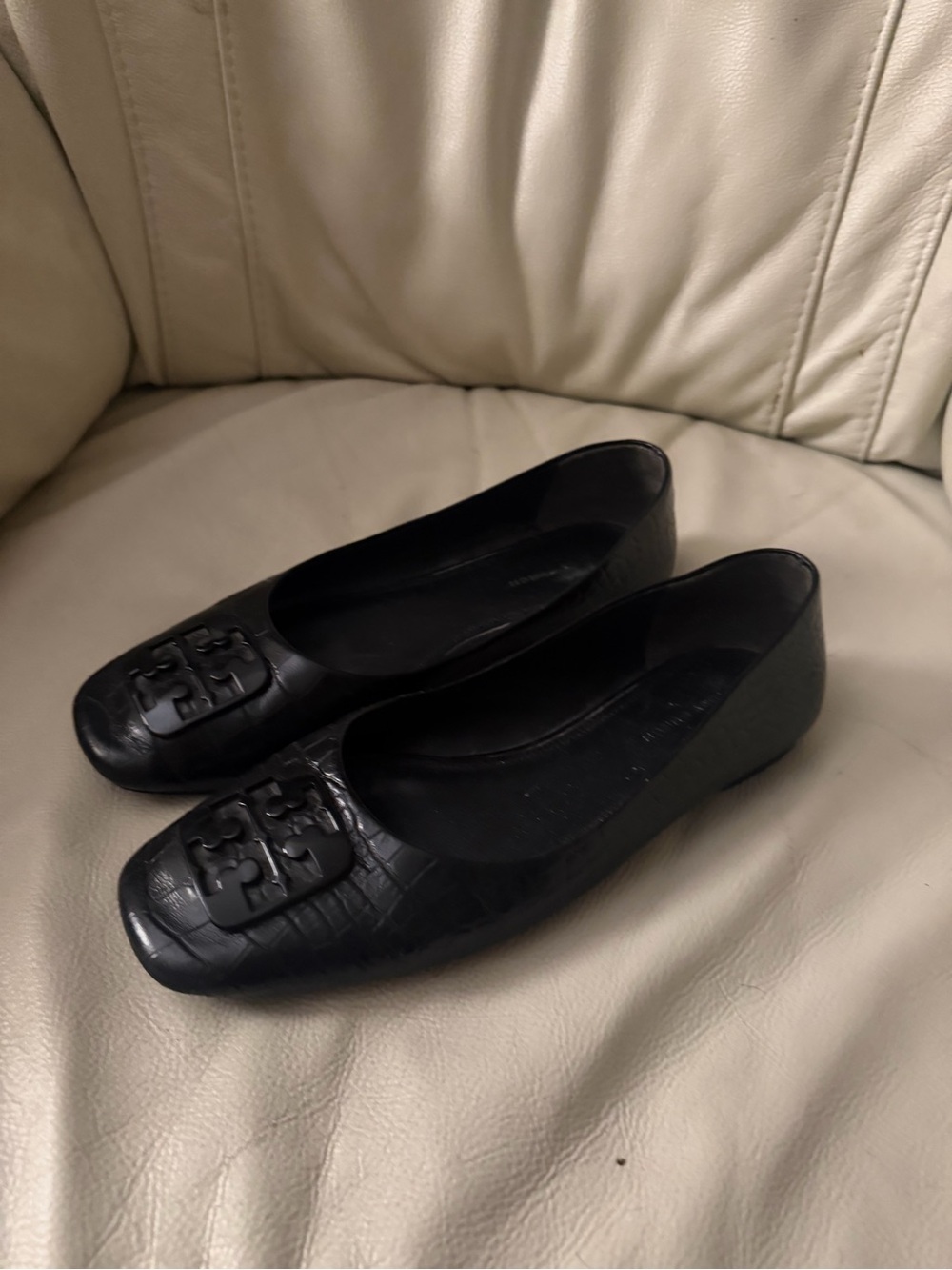 Tory Burch Black Square-Toe Logo Ballet Flats